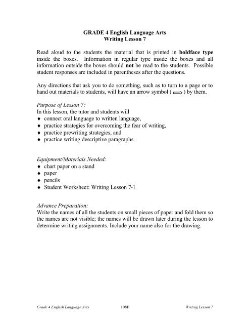 GRADE 4 English Language Arts Writing Lesson 7 Read aloud to ...