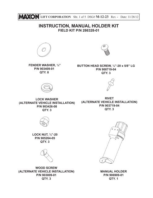 INSTRUCTION, MANUAL HOLDER KIT - Maxon