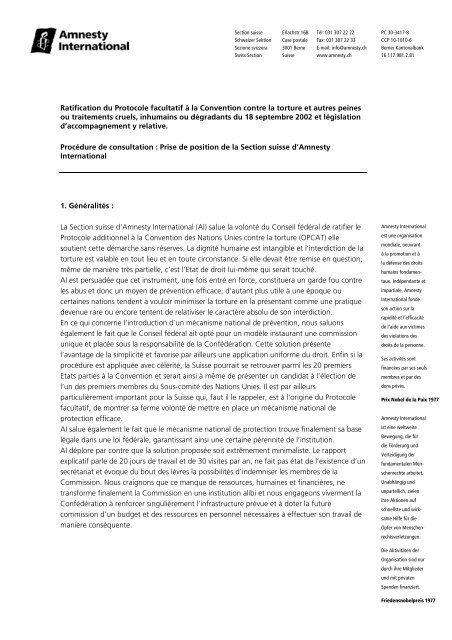 Ratification du Protocole facultatif Ã  la Convention contre la torture et ...