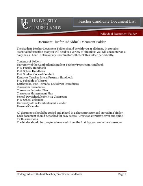 Student Teacher Handbook Download - University of the Cumberlands