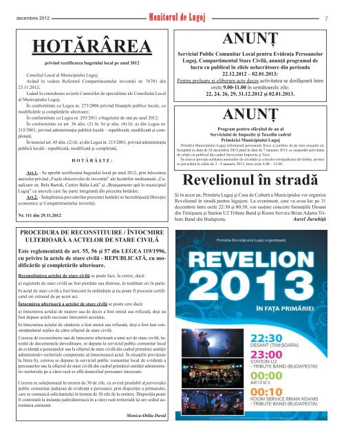 Monitorul de Lugoj Nr. 43 - Decembrie 2012 - PrimÄria Municipiului ...