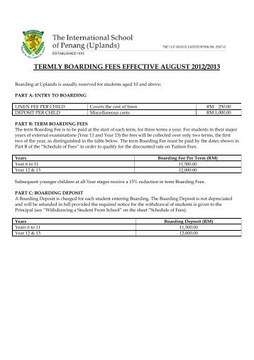 TERMLY BOARDING FEES EFFECTIVE AUGUST 2012/2013