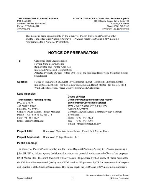 Notice of Preparation - Placer County Government - State of California