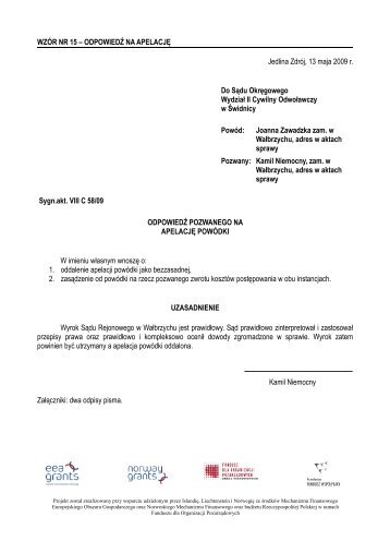 15. OdpowiedÅº pozwanego na apelacjÄ powoda