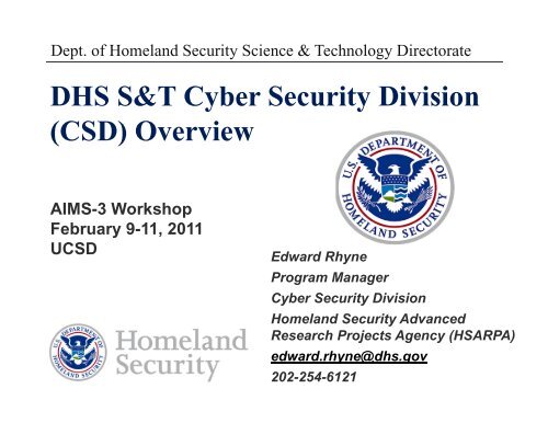 DHS S&T Cyber Security Division (CSD) Overview AIMS-3 ... - Caida