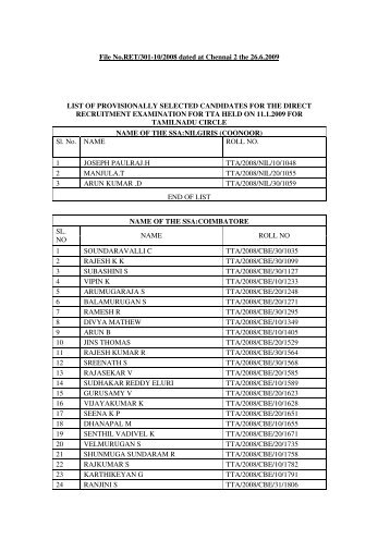 File No.RET/301-10/2008 dated at Chennai 2 the 26.6.2009 LIST OF ...