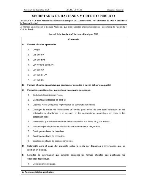 ANEXOS 1 y 1A de la Resolución Miscelánea Fiscal para 2012 ...