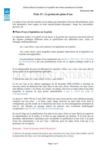 Fiche 19 La gestion des plans d'eau - Agence de l'Eau Seine ...