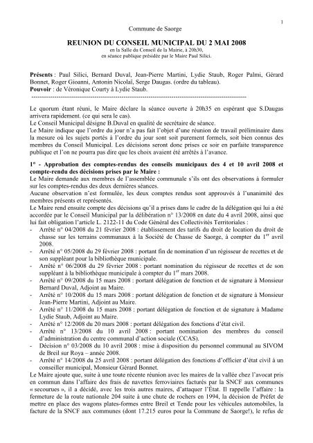 REUNION DU CONSEIL MUNICIPAL DU 2 MAI 2008