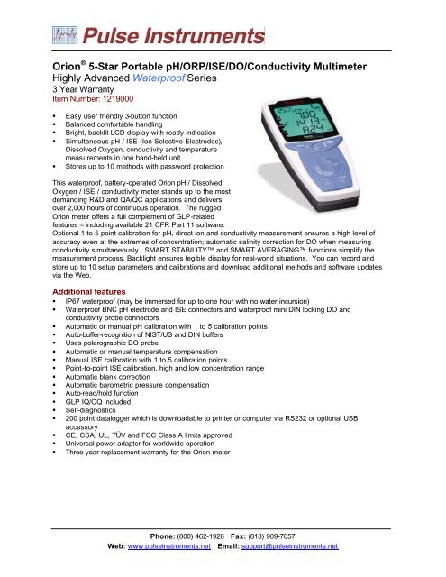 One Pulse Instruments Orion 5-Star Portable pH/ORP/ISE/DO ... - Pulse Instruments