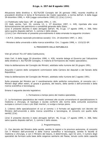 D.Lgs. n. 257 del 8 agosto 1991 - Agenzia di SanitÃ  Pubblica della ...