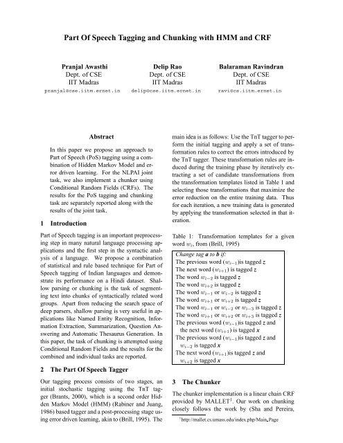 Part Of Speech Tagging and Chunking with HMM and CRF