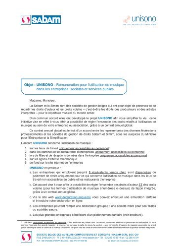 Objet : UNISONO - Rémunération pour l'utilisation de ... - Sabam