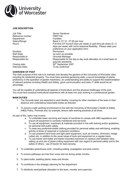 JOB DESCRIPTION Job Title: Senior Gardener Reference number ...