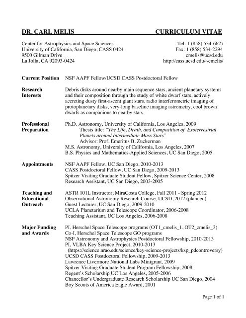 DR. CARL MELIS CURRICULUM VITAE - CASS - UC San Diego