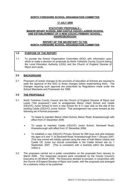 Statutory Proposals Manor Infant and Castle Junior Schools