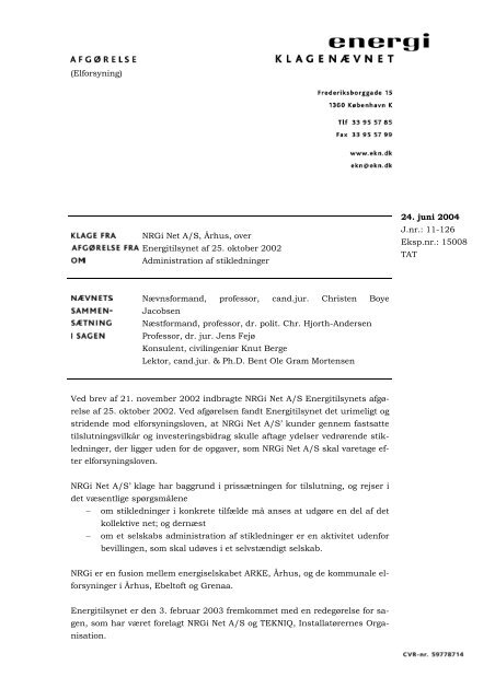 2004.06.24. NRGI Net A/S ctr. Energitilsynet vedr. administration af ...