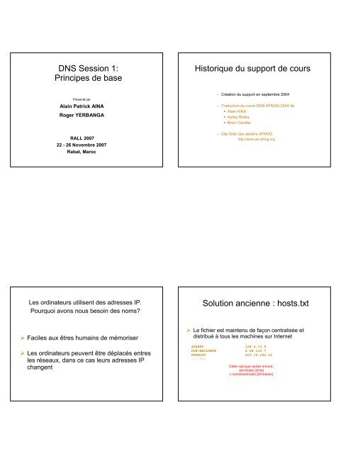 DNS Session 1: Principes de base Historique du support de cours ...