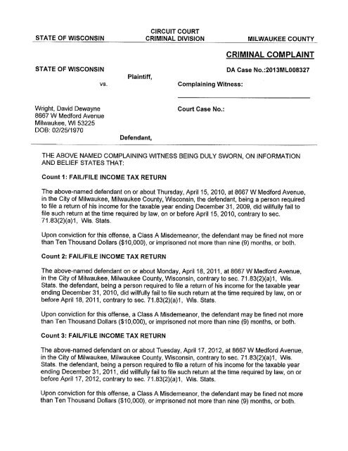 Criminal Complaint - Wisconsin Department of Revenue