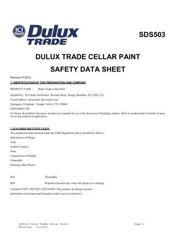 Download PDF safety datasheet SDS503 for Dulux Trade Cellar Paint