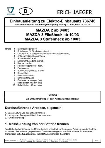 Einbauanleitung zu Elektro-Einbausatz 736746 MAZDA 2 ab 04/03 ...