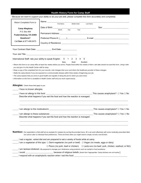 Health History Form for Camp Staff - Camp Alleghany