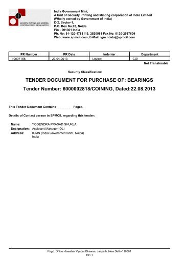 Tender Document - The India Government Mint , Kolkata