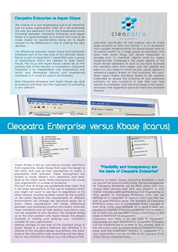 Cleopatra Enterprise versus Kbase (Icarus) - Cost Estimating Software