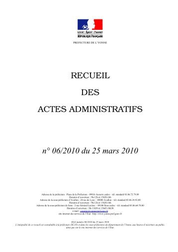 Recueil nÂ°6 du 25 mars 2010 - Les services de l'Ãtat dans l'Yonne