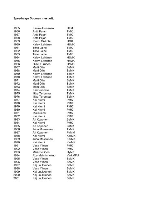 Speedwayn Suomen Mestarit kautta aikojen