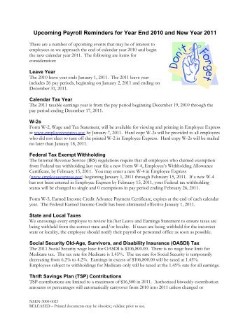 Upcoming Payroll Reminders for Year End 2010 and New ... - Nasa