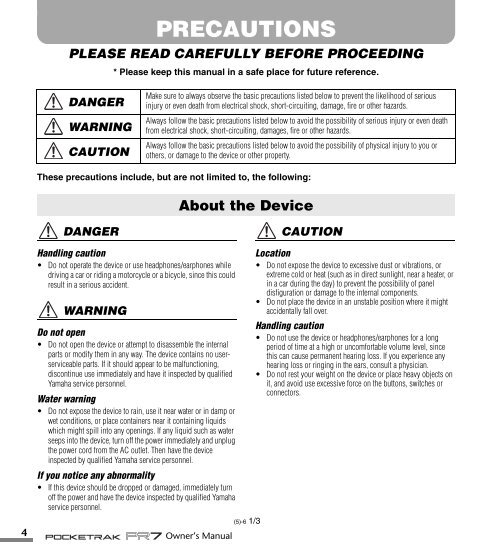 POCKETRAK PR7 Owner's Manual - Yamaha Downloads