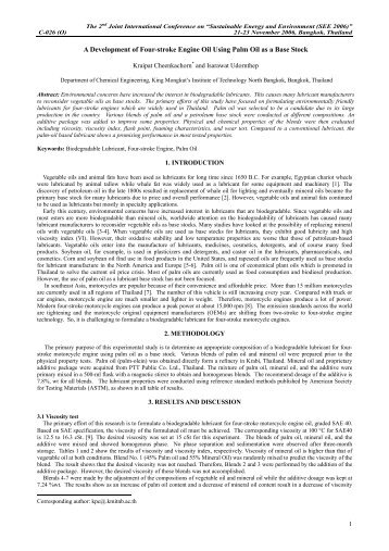 A Development of Four-stroke Engine Oil Using Palm Oil as a Base ...