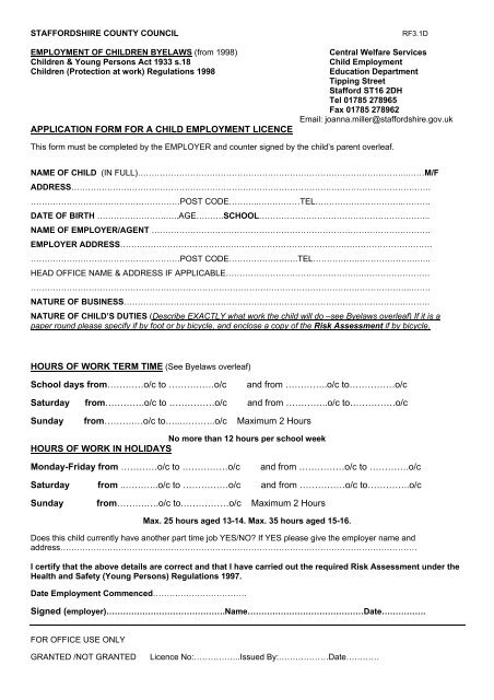 APPLICATION FORM FOR A CHILD EMPLOYMENT LICENCE ...