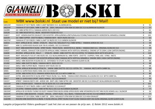 Prijslijst Giannelli uitlaten voor MBK - Bolski
