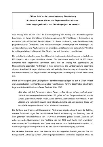 Offener Brief an die Landesregierung - FlÃ¼chtlingsrat Brandenburg