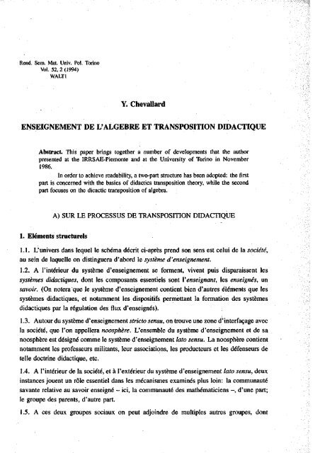 Y. Chevallard ENSEIGNEMENT DE L'ALGEBRE - Seminario ...