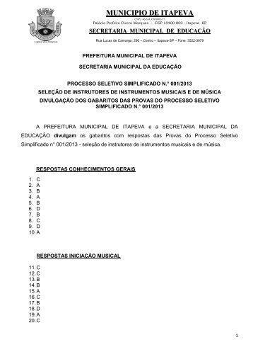 Gabaritos das Provas do Processo Seletivo 001 2013 ... - Itapeva