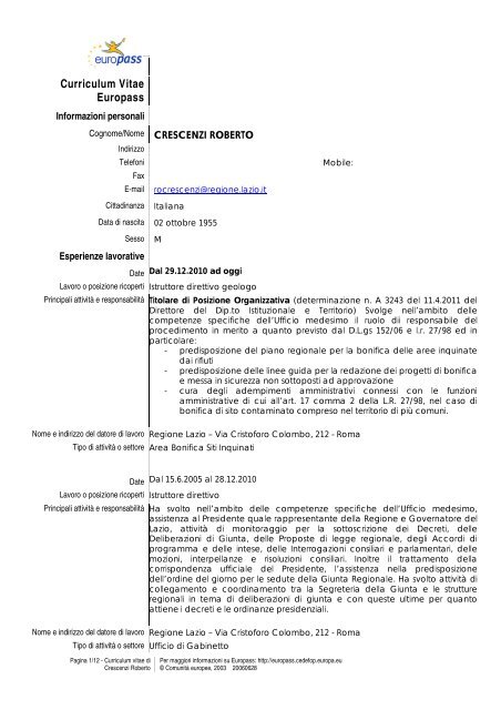 Curriculum Vitae Europass - Regione Lazio