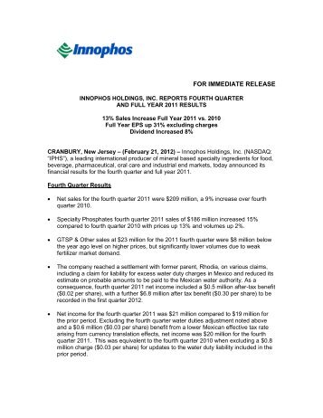 FOR IMMEDIATE RELEASE - Innophos