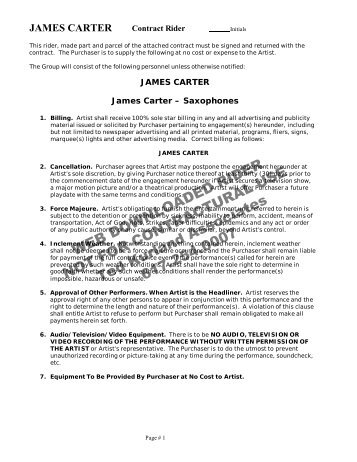 JAMES CARTER Contract Rider - Ted Kurland Associates