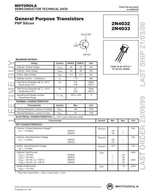 Motorola PNP Silicon Transistor 2N4033 - West Florida Components