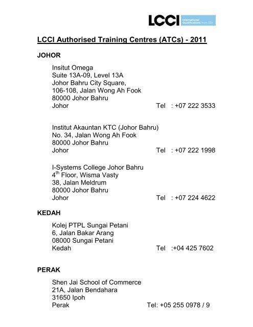 LCCI Authorised Training Centres (ATCs) - 2011 JOHOR