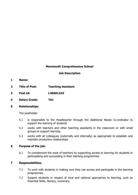 L40601243 Teaching Assistant Level 1 - Monmouthshire County ...