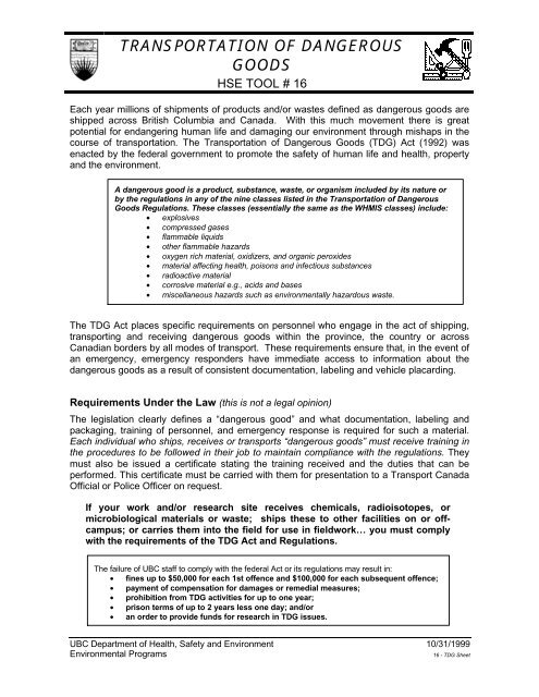 transportation of dangerous goods - Pathology and Laboratory ...