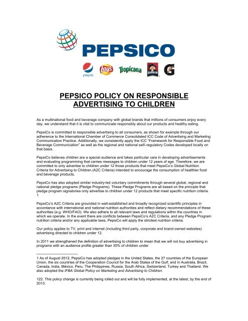 PepsiCo Policy on Responsible Advertising to Children