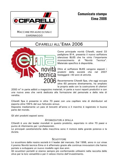 Comunicato stampa Eima 2006 - Cifarelli SpA