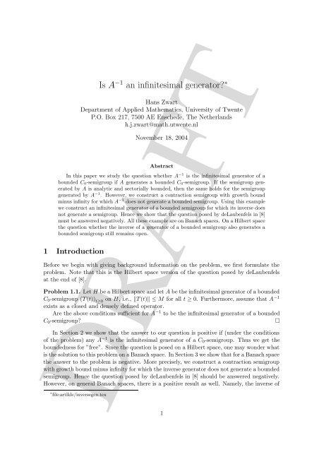 Is Aâ1 an infinitesimal generator?â - Applied Mathematics