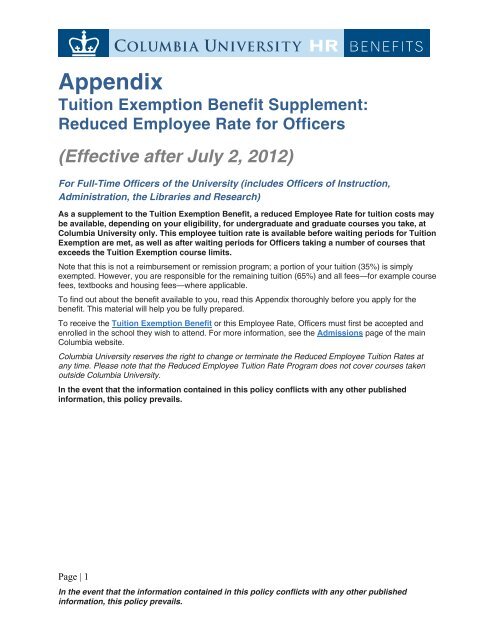 Appendix Tuition Exemption Benefit Supplement - Columbia University