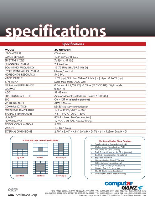 ZC-NH405N Specifications - Computar, Ganz Computar/Ganz